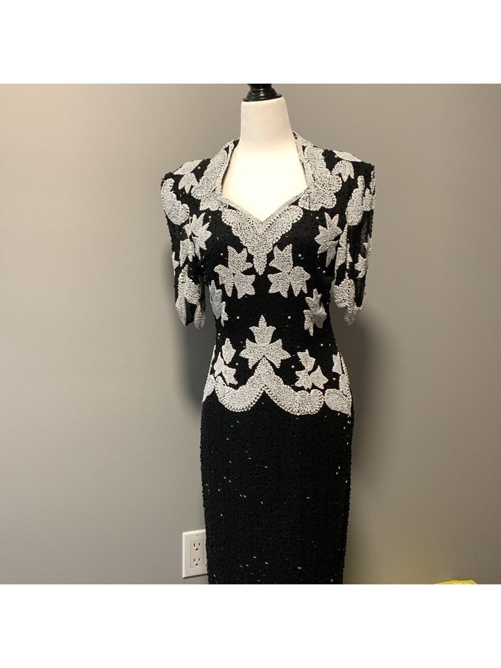 Mezza Luna Vintage Silk Beaded Black White Party Cocktail Evening Dress Size 8 - Picture 11 of 15